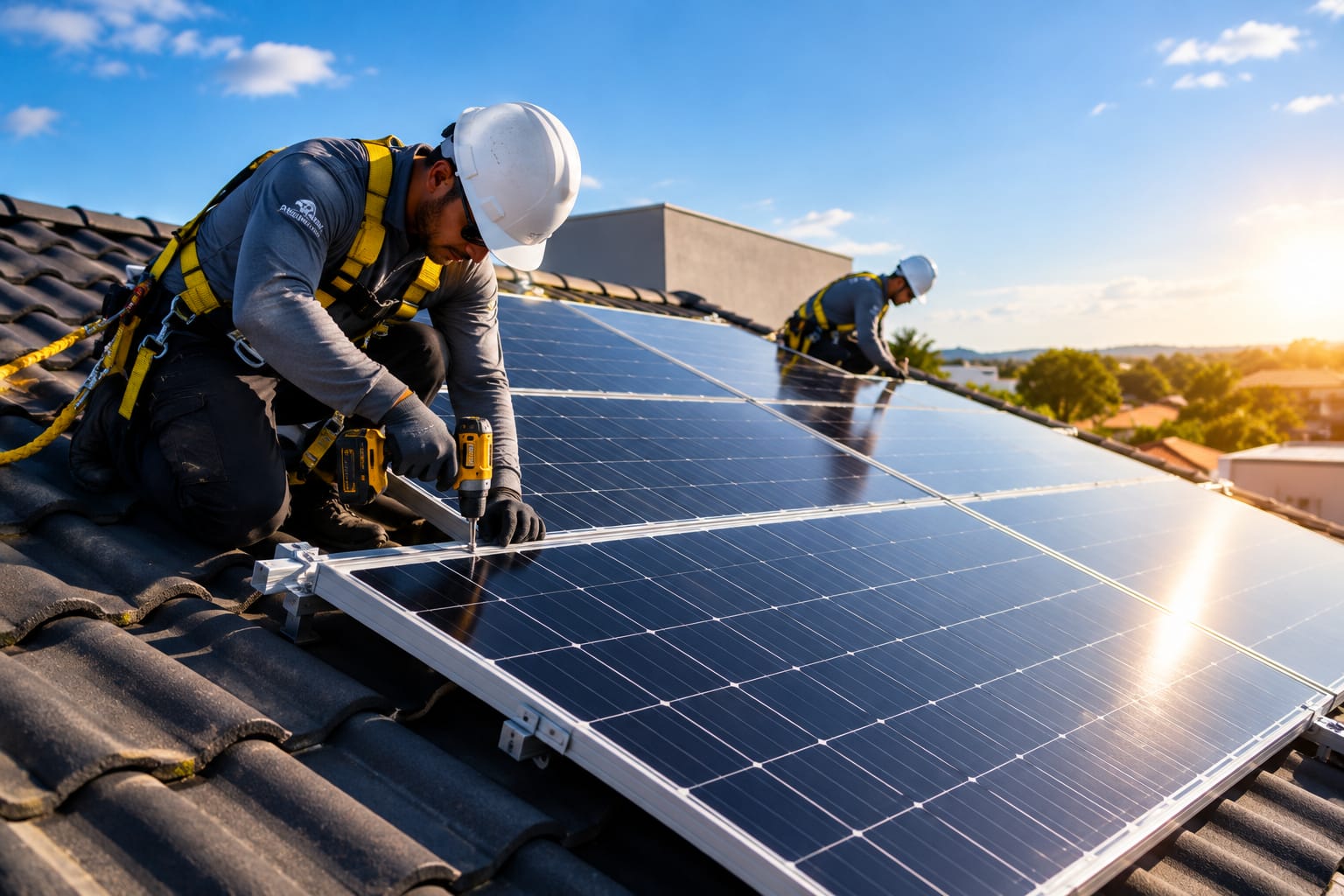 Painéis fotovoltaicos em instalação solar